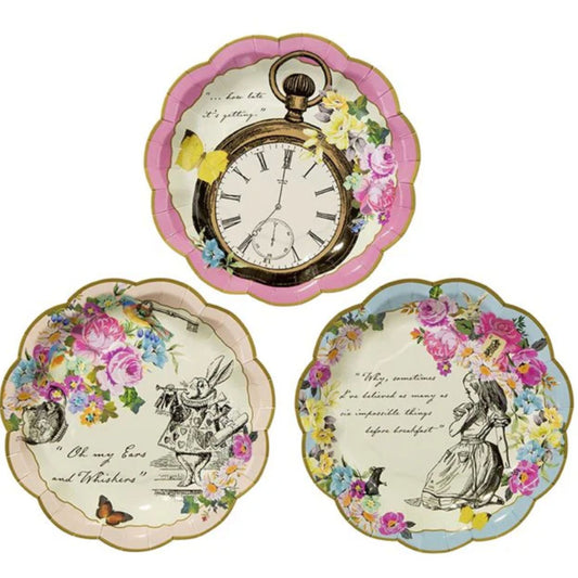 Exquisite Alice in Wonderland paper party plates in 3 different designs and colours.