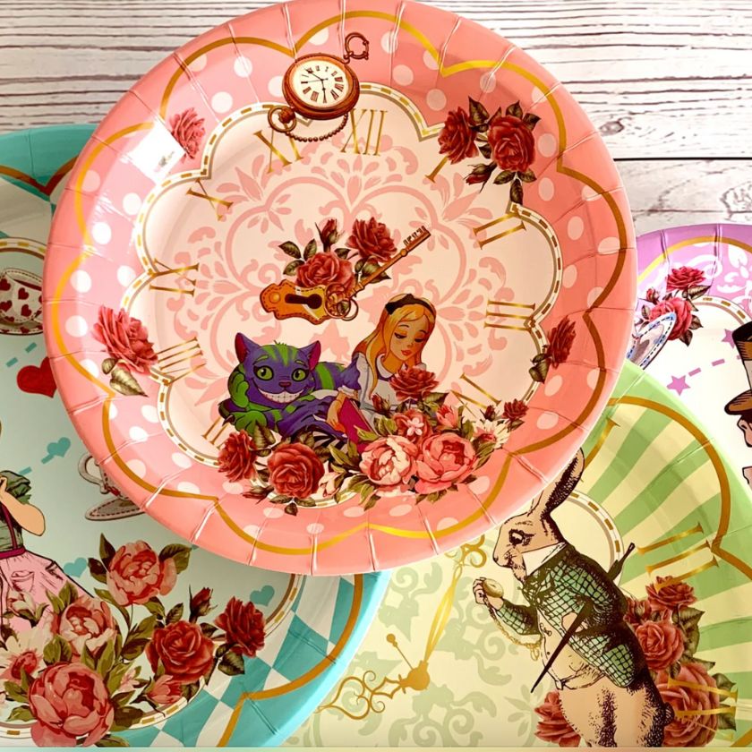 Great selection of Alice in Wonderland paper party plates in 4 different designs