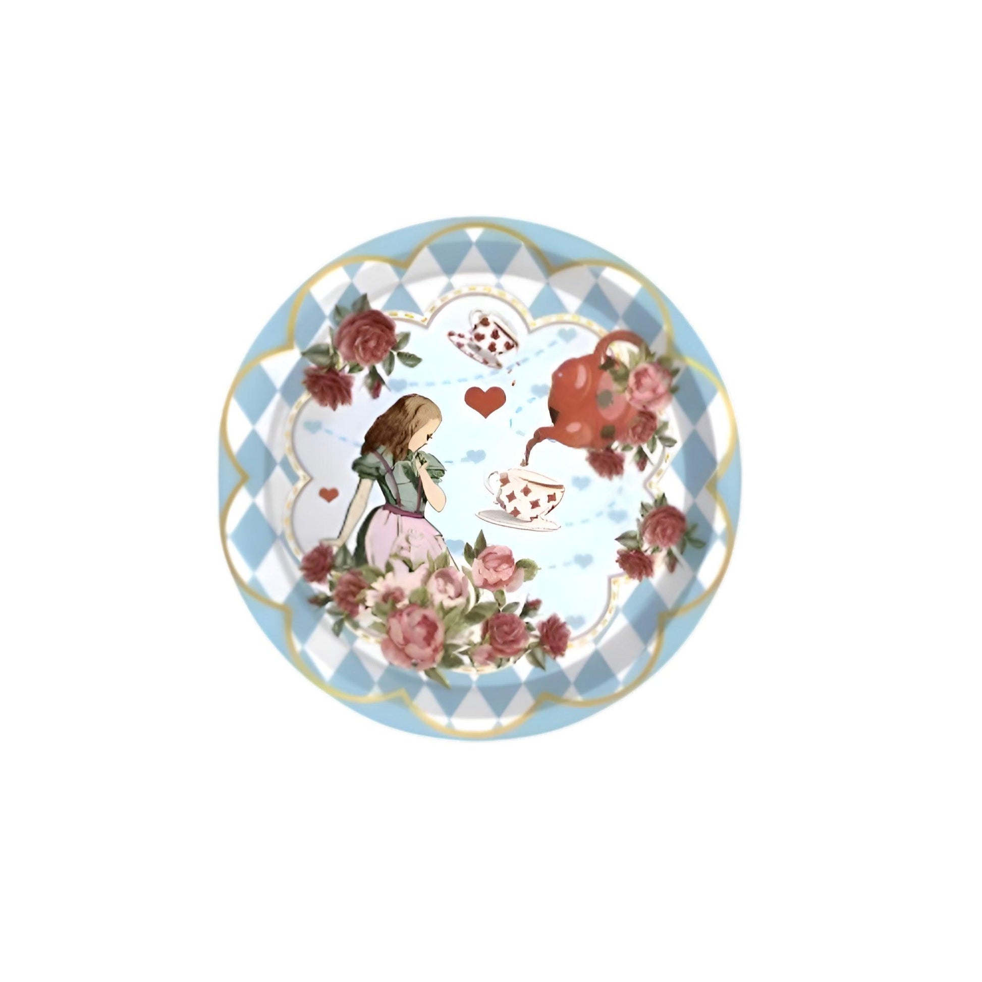 Blue Alice in Wonderland plate with blue diamond border and featuring Alice and red teacups.