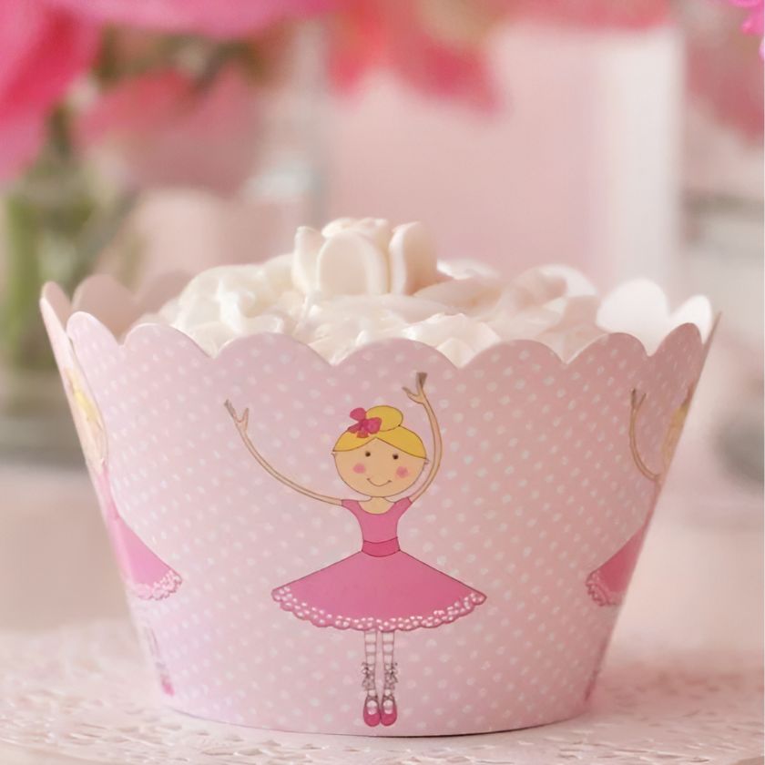 Beautiful pink ballerina cupcake wrappers with white polka dots and Ballerinas