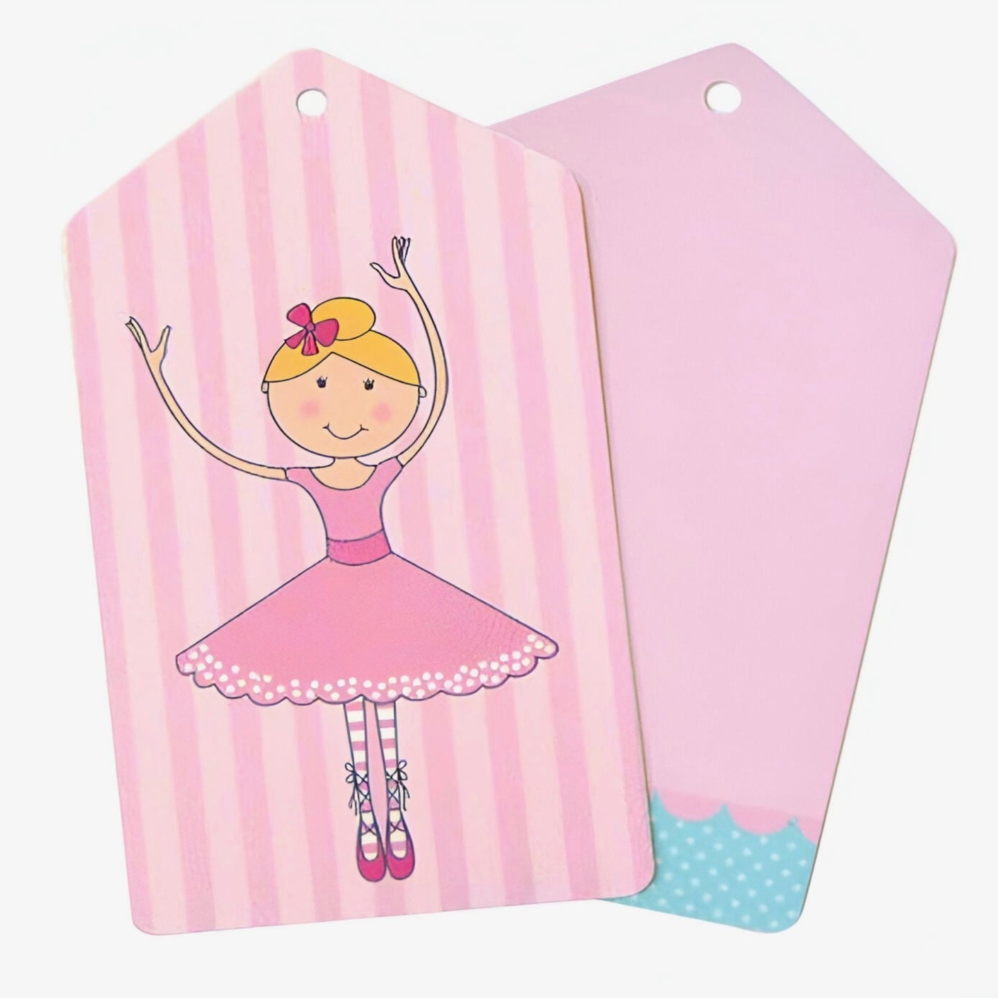 Pink Ballerina Gift Tags with dancing Ballerina on pink and white stripes.