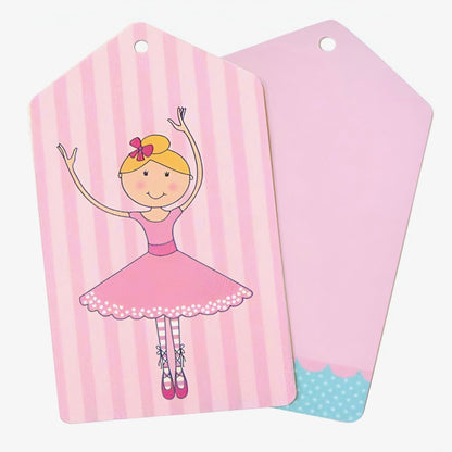 Pink Ballerina Gift Tags with dancing Ballerina on pink and white stripes.
