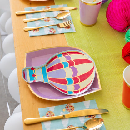 Balloon shaped paper plates table setting with balloon plates in blue, red, yellow and lilac