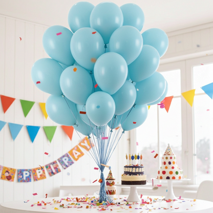 aquamarine bunch of balloons in a party scene