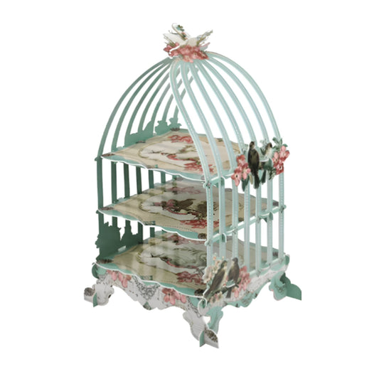 Stunning Mint Green Vintage Birdcage Style Cake Stand With Floral Print. 3 Tiers