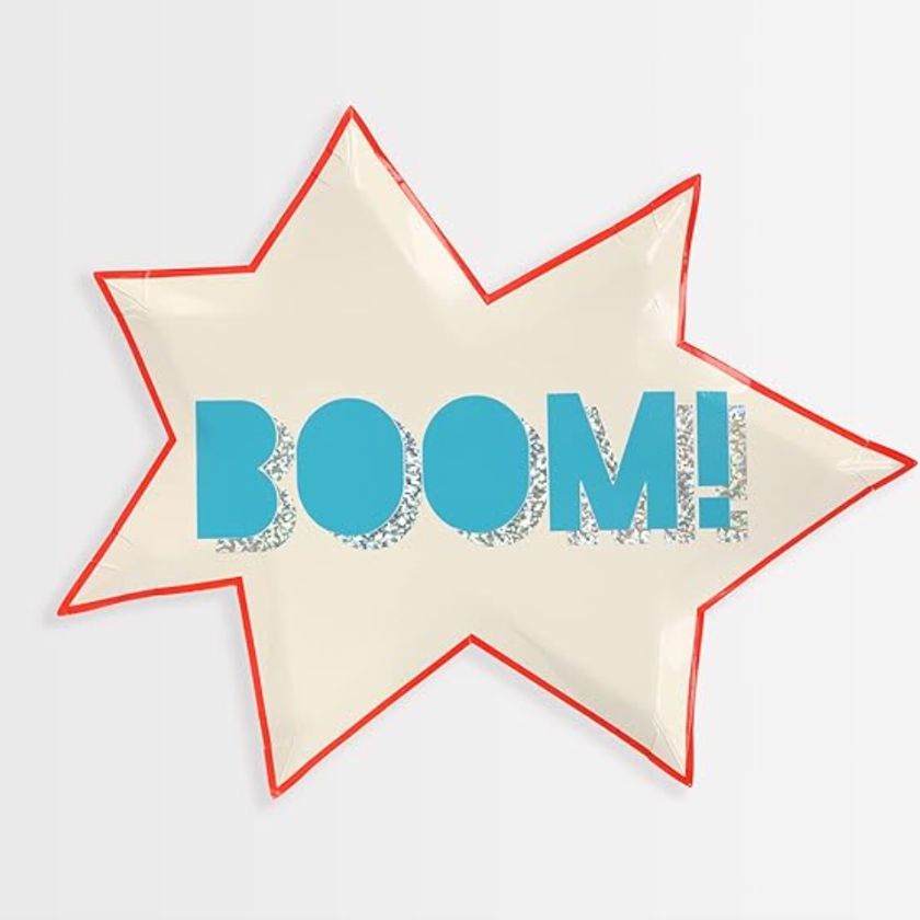 White Lightning bolt shaped plate with red border and the word boom on it in light blue & silver 