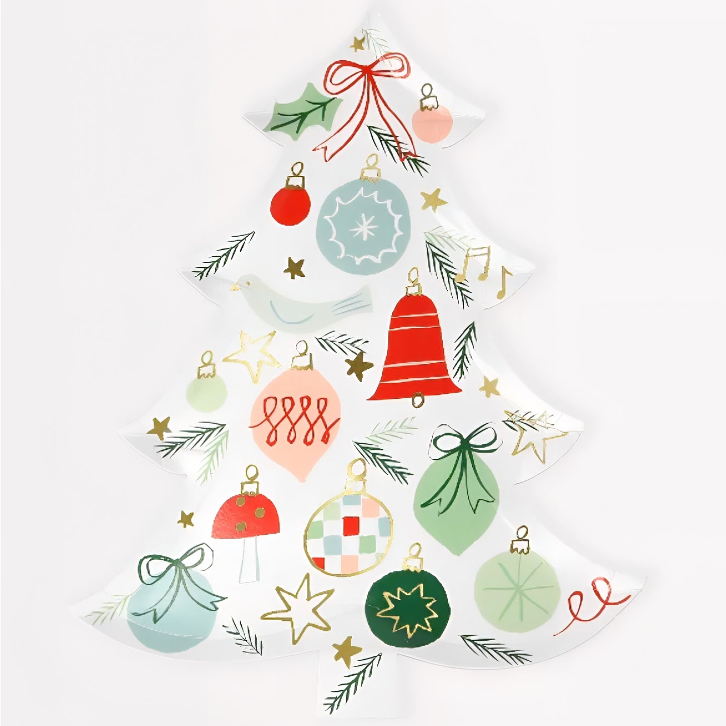 White Christmas Tree Shaped paper plates with red, green and peach christmas decorations print
