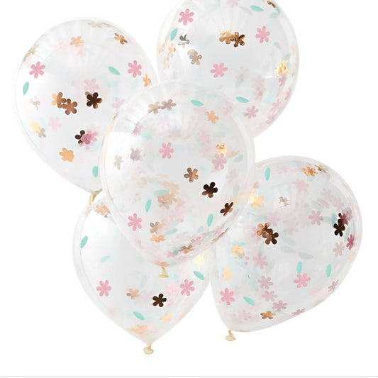 Beautiful floral confetti filled balloons with pink and rose gold confetti. 5 pack