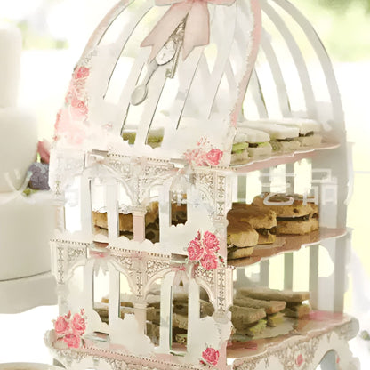 Exquisite Birdcage Cake Stand in Cream with pink rose and lace design