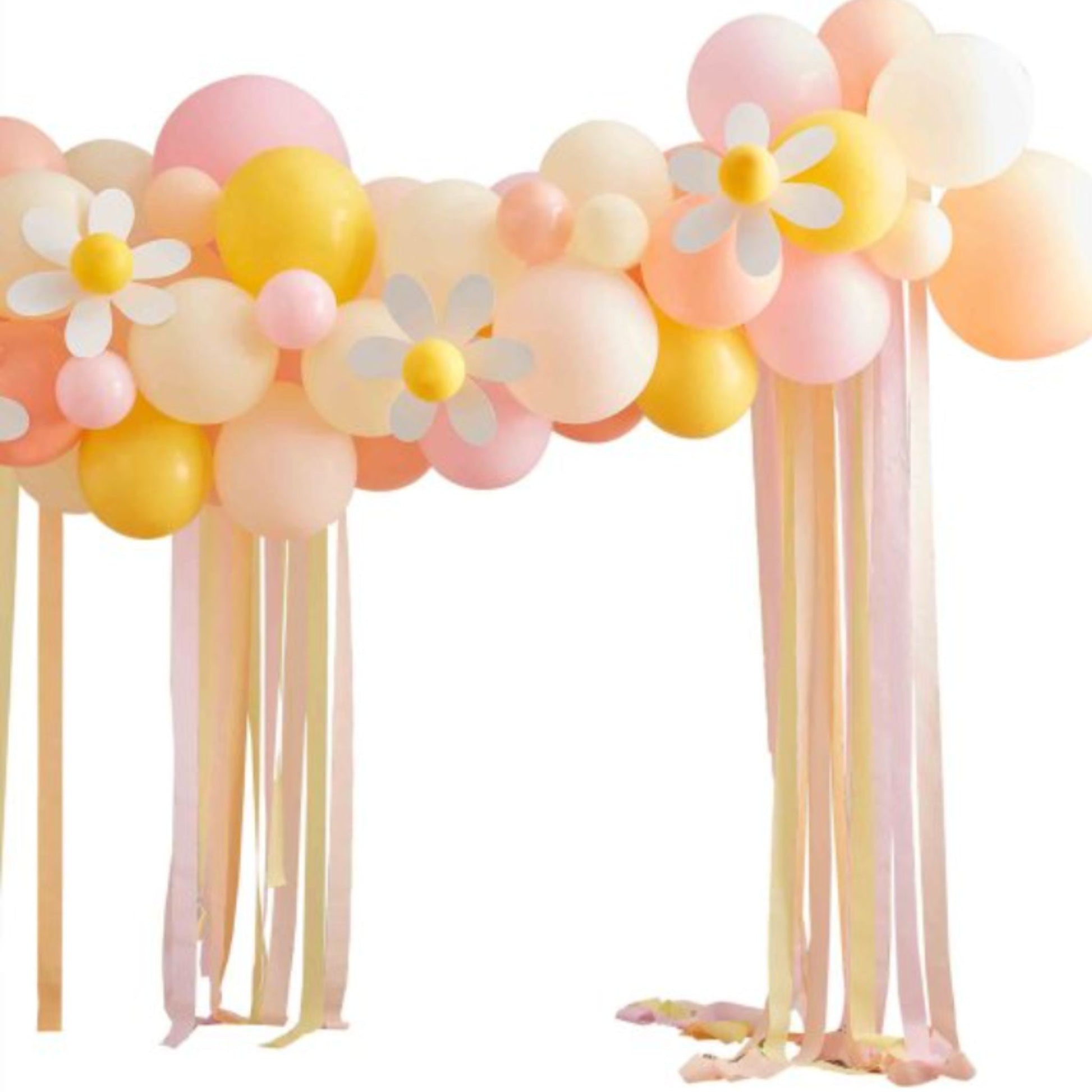 Stunning balloon garland with 70 balloons, card daisy stick ons and crepe streamers