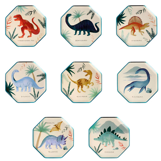 8 plates with different dinosaur design on each one. Plates in blues, greens, reds and oranges. 21cm. Meri Meri