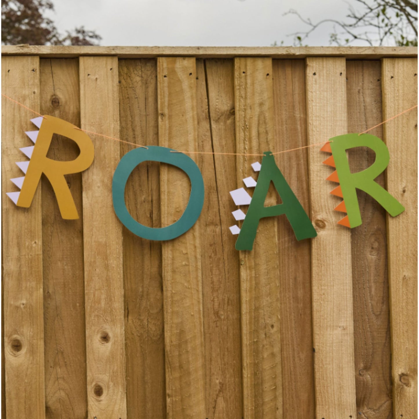Dinosaur-themed 'ROAR' banner on a orange neon string. Each letter being a different colour, yellow, green, olive and blue. 2m