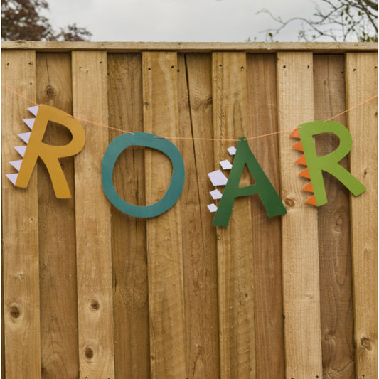 Dinosaur-themed 'ROAR' banner on a orange neon string. Each letter being a different colour, yellow, green, olive and blue. 2m
