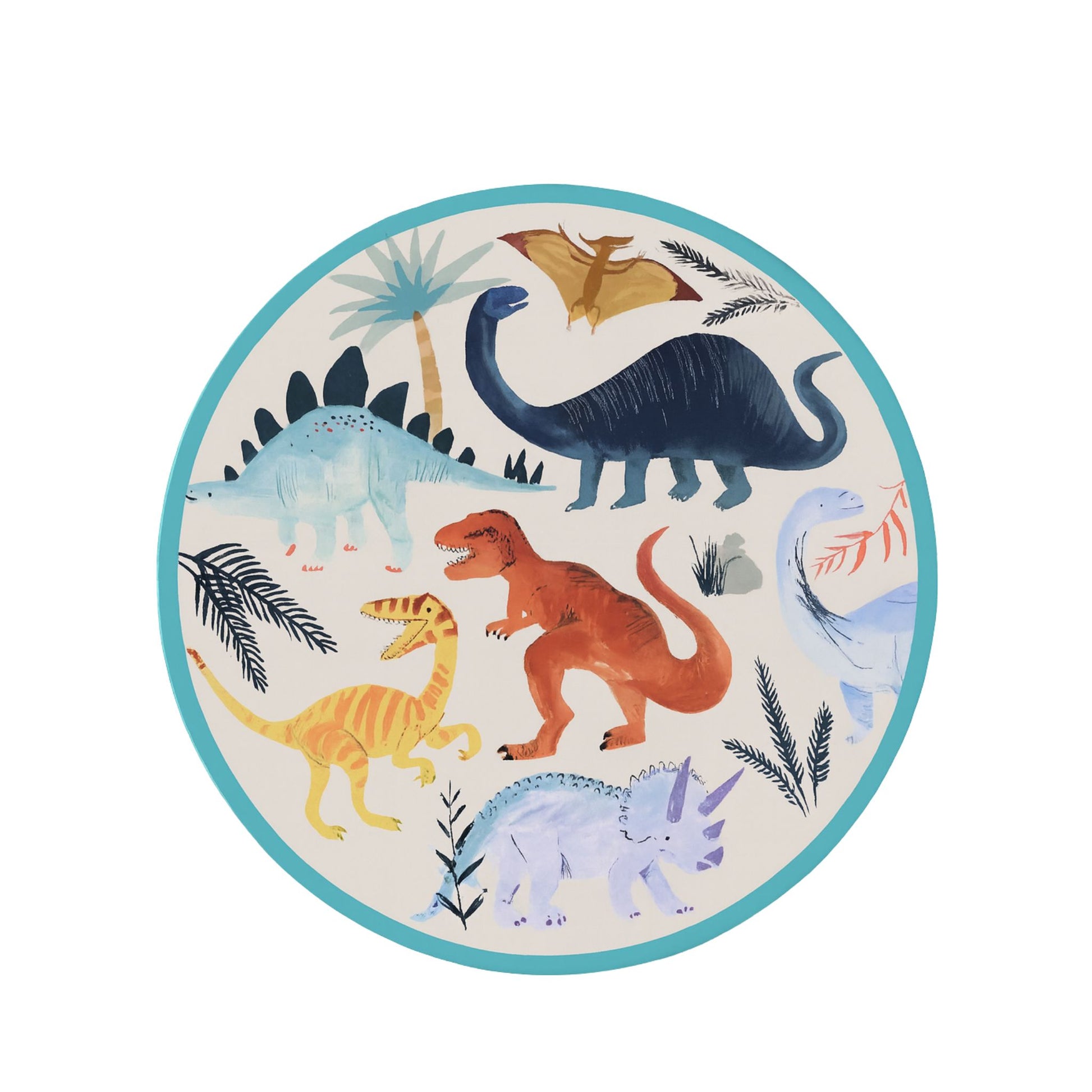 Dinosaur round party plates with 5 different dinosaur designs in red, blue, yellow and green