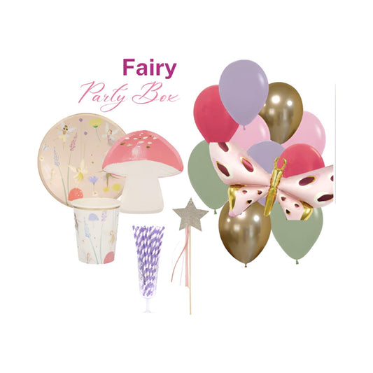 Fairy Party Box includes matching Meri Meri fairy plates, mushroom plates, wands & fairy cups. Also includes purple striped paper straws, giant butterfly balloon and 10 x fairy coloured 30cm balloons