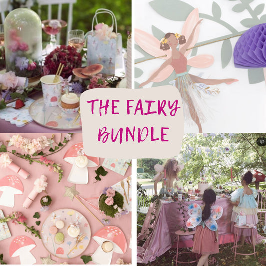 Beautiful Fairy party bundle with toadstool plates, fairy dinner plates, cups, glitter wands & stunning fairy party bags 