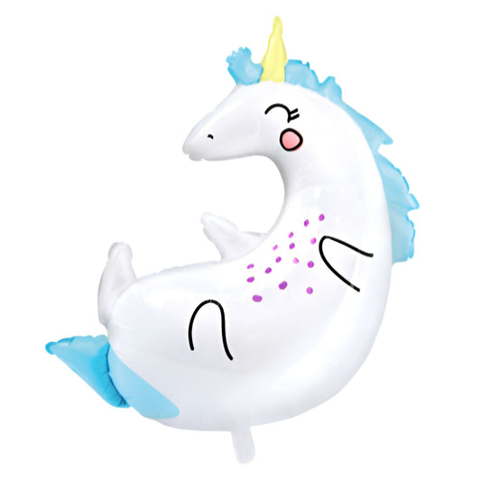 fantastic falling unicorn helium balloon. 75cm in white, blue and yellow