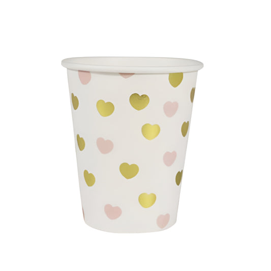 Sweet Little Paper Cups With Shiny Gold & Pink Heart Print. 10 Pack. 250ml
