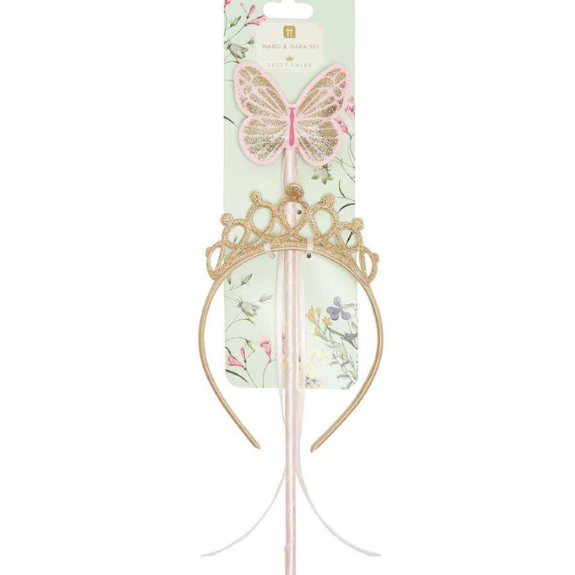 Gorgeous Tiara and butterfly wand set by Talking tables in gold and pink 