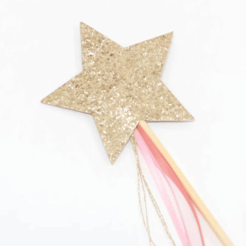 Beautiful Gold glitter fairy wand by Meri Meri with pink and gold ribbon tassels