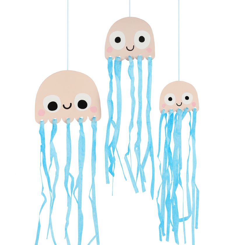 Three cartoon-style jellyfish with blue tissue tentacles 