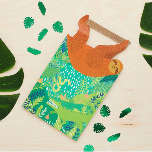 jungle-themed party bag with green leaves & jungle animal print with sloth handle