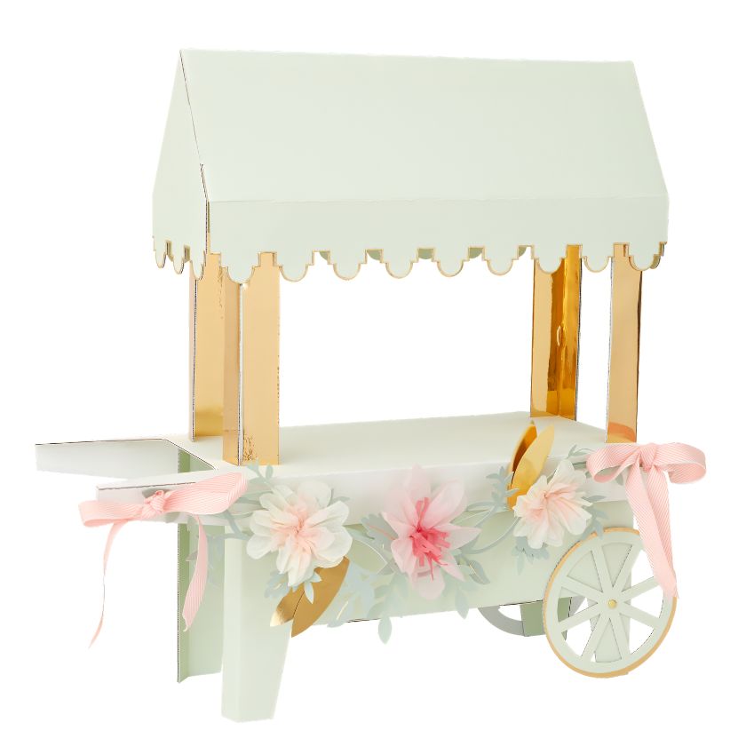 Beautiful cake cart by Laduree.  Cart is simple self assembly in mint with gold detail and pink flowers already pre-strung