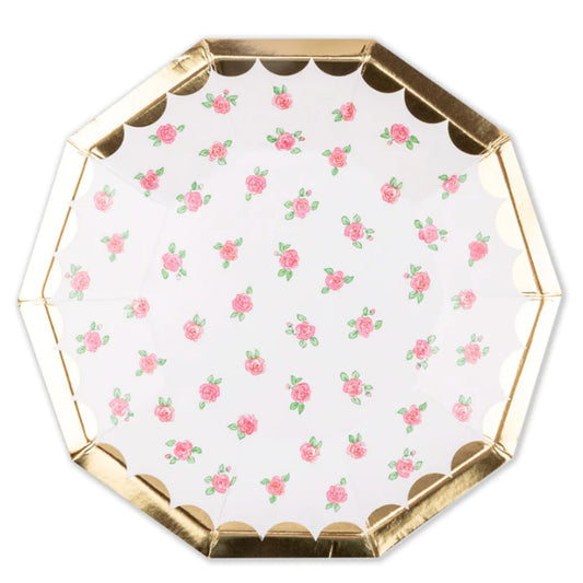 Pretty Lola Dutch Small Plates with shiny gold foil border and pale red rose print. 19cm