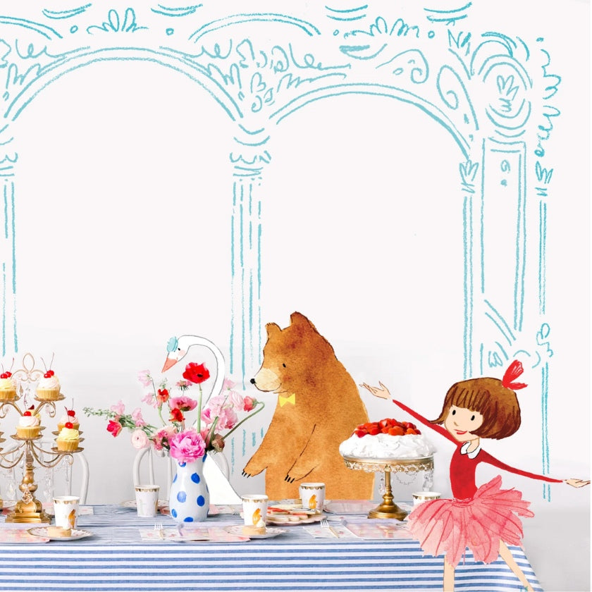 Beautiful illustration of Lola Dutch book series showing Lola and Bear with afternoon tea table setting