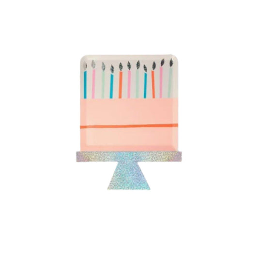Birthday Cake Shaped Plate in peach with multicoloured candles and shiny silver base by Meri Meri.