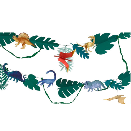 Showstopping Dinosaur Kingdom large garland by Meri Meri.  More than a garland. Includes pre-strung foliage and dinosaurs in green, gold, orange and blue