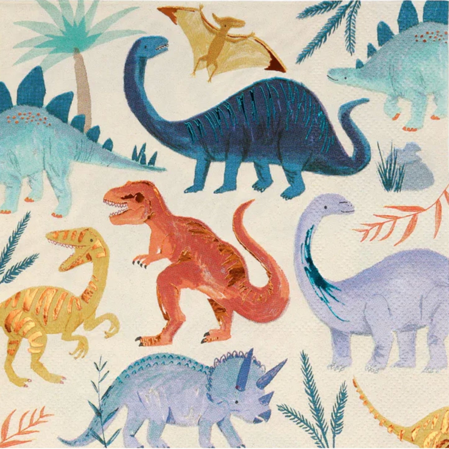 Awesome Dinosaur napkins by Meri Meri in blues, golds, reds and oranges. Napkins are printed with 8 different dinosaurs and trees