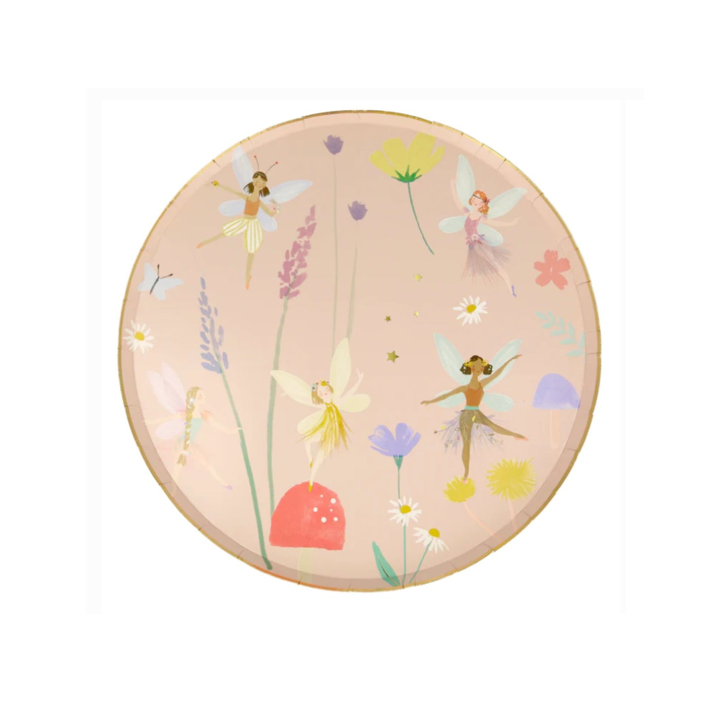 Meri Meri Fairy dinner plates with beautiful fairies, toadstools and flowers. Peach colour with lilac, red and green. Gold edge