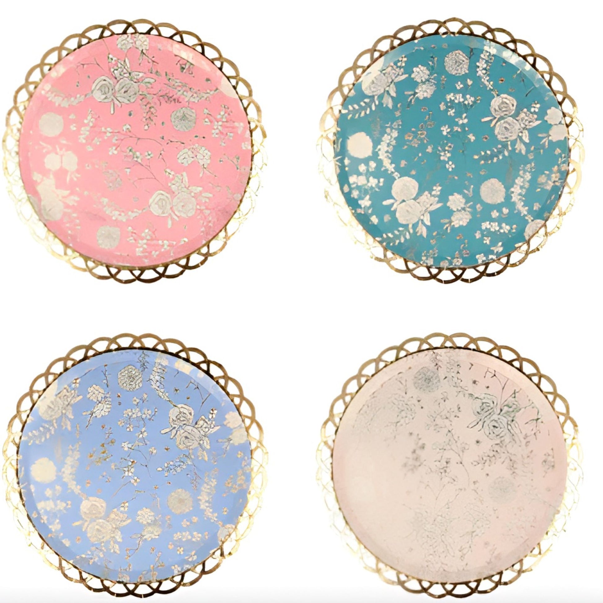 4 designs of floral dinner plates by Meri Meri. Lilac, dark green, cream and pink with gold foil detail and lace border. 24cm