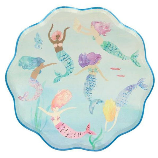 Beautiful Mermaids swiming blue party plate with blue foil border and multicoloured mermaids swimming with seaweed and seahorse