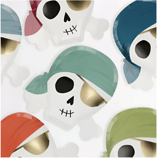 Fantastic Pirate Party Plates in shape of Pirate head with different coloured bandanas and gold eye patch