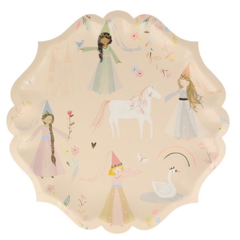 Gorgeous scalloped princess paper plate by Meri Meri. Features Princesses, Unicorns, Swan & Flowers