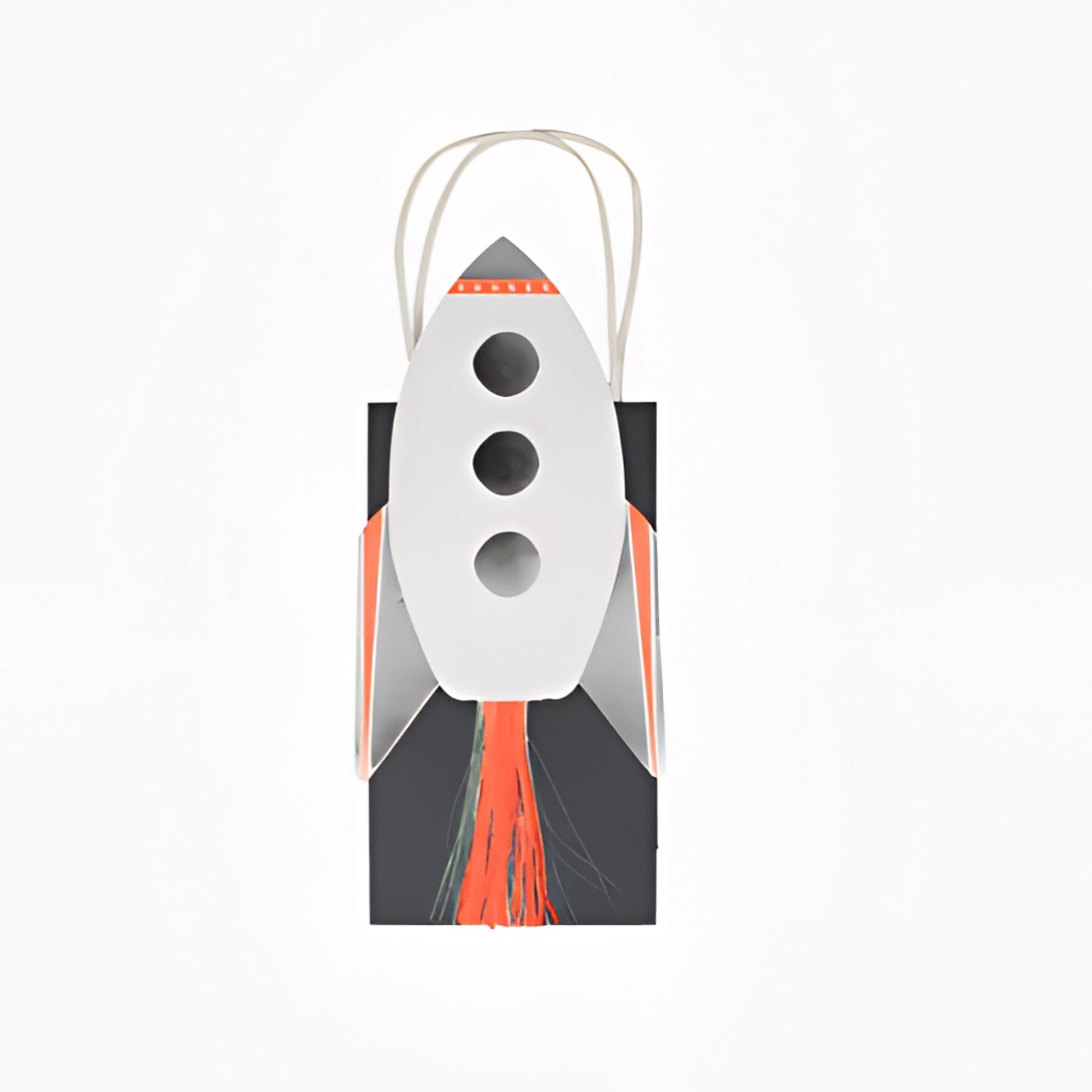 Rocket Shaped Party Bags by Meri Meri in Black, White and Silver with Orange raffia tassels for fire at bottom