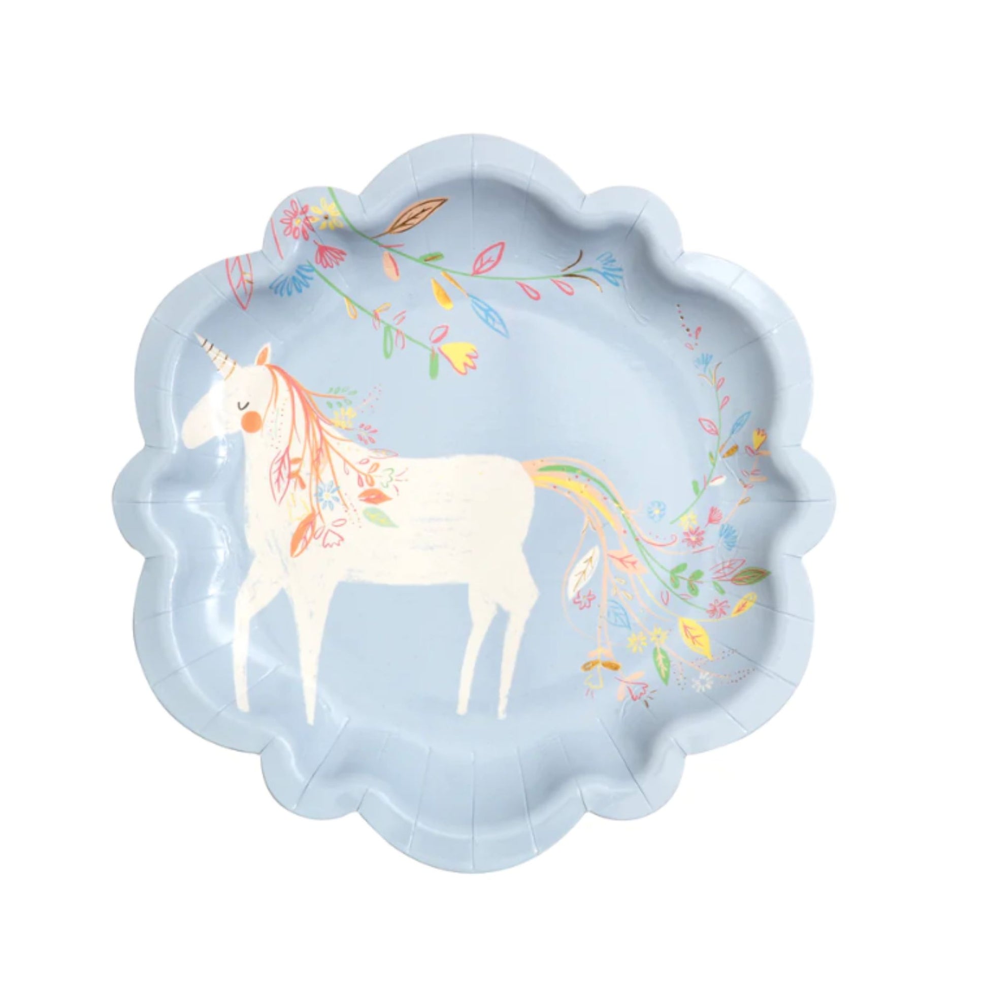 Gorgeous Pale Blue Unicorn Side Plates By Meri Meri With Scalloped Edges & Printed With White Unicorn, Floral & Gold Detail. 8pack
