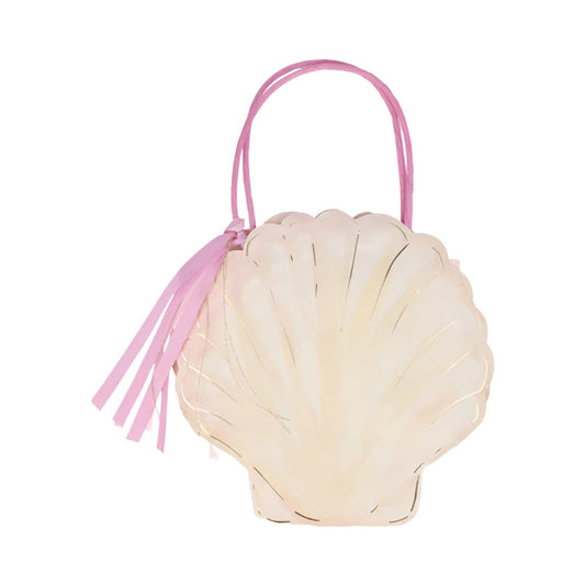 Clam shell party bag in coral watercolour tones with pink raffia handle and ties by Meri Meri
