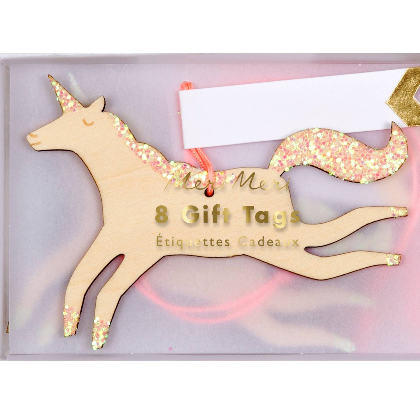 Whimsical Wooden Unicorn Gift Tags by Meri Meri With Glitter & Paper Tag. 8 pack