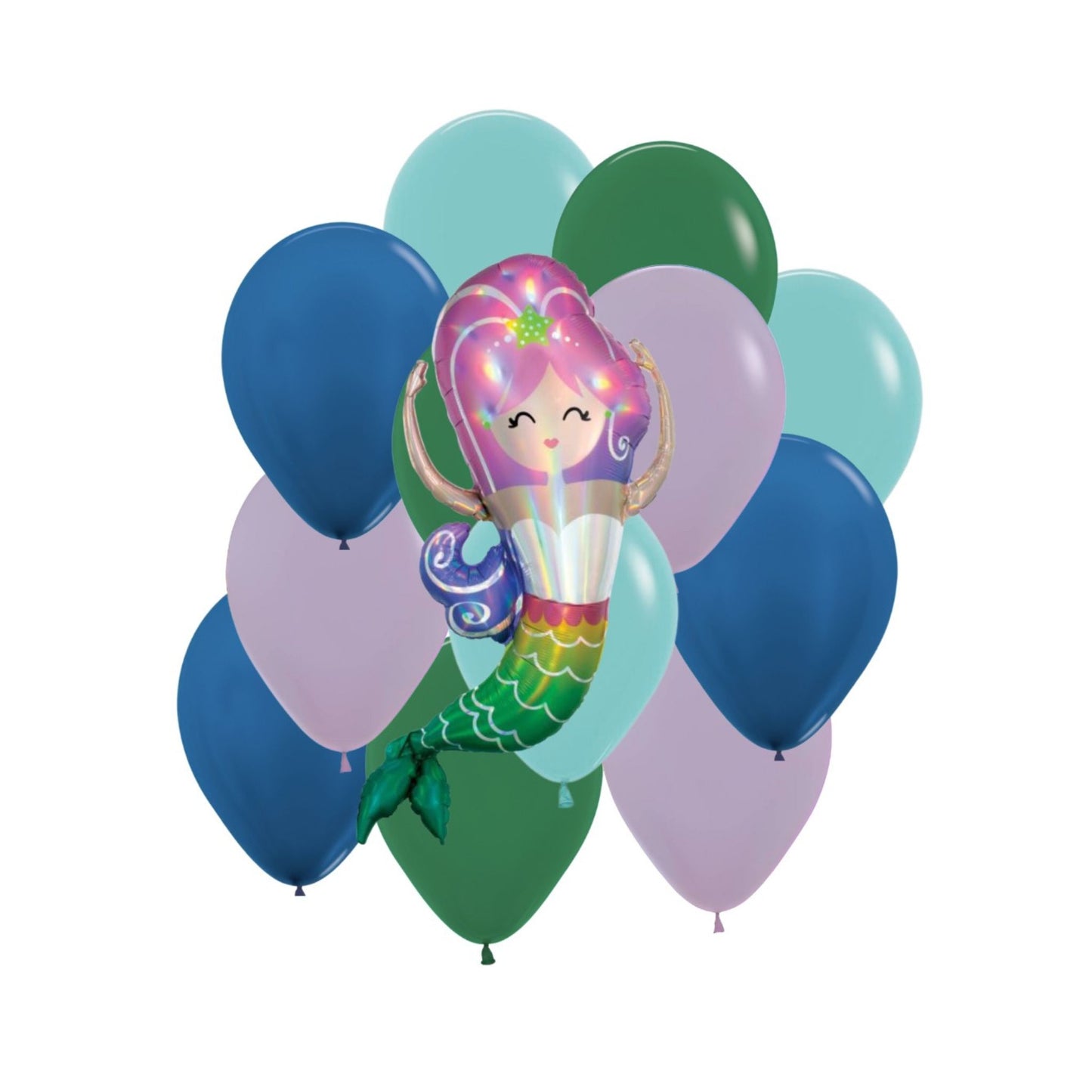 Mermaid Balloon Bouquet containing giant Mermaid Balloon and 12 x 30cm standard size balloons in lilac, forest green, aquamarine and royal blue.