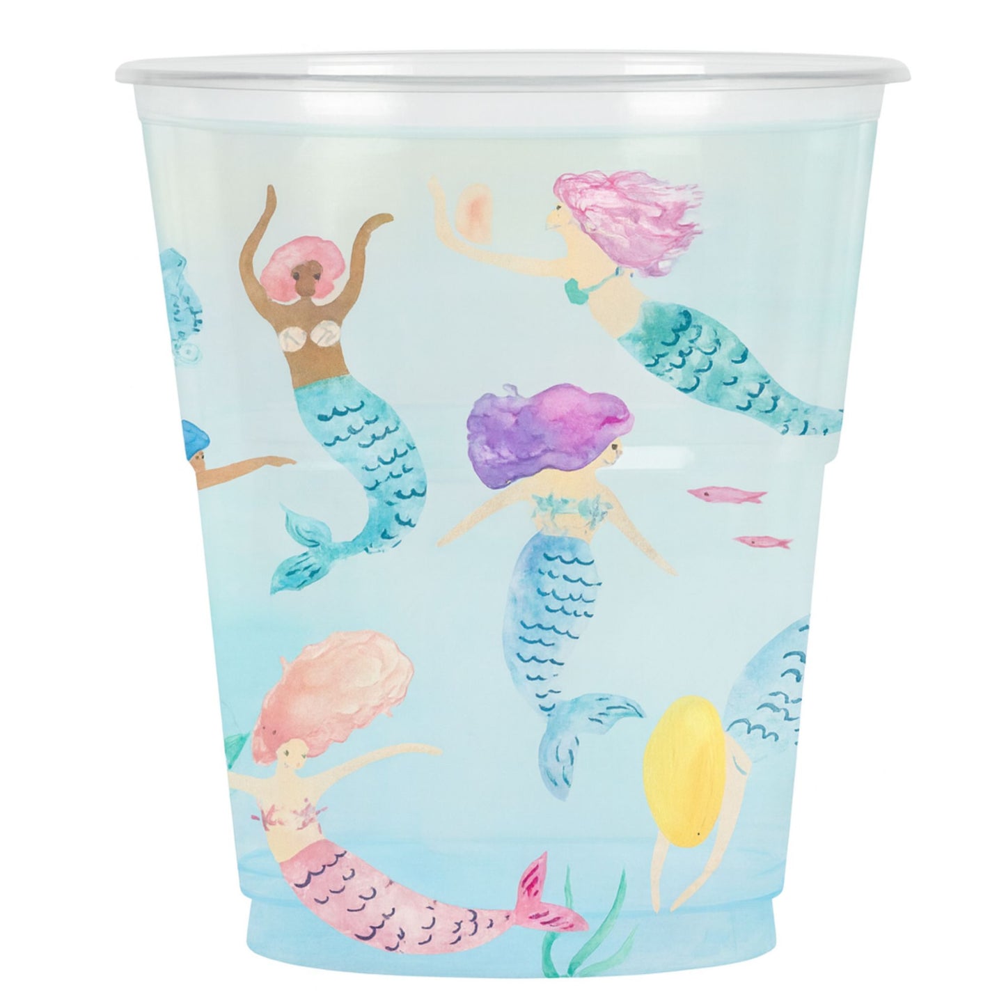 Mermaid-themed paper cup with colorful mermaids on a light blue background