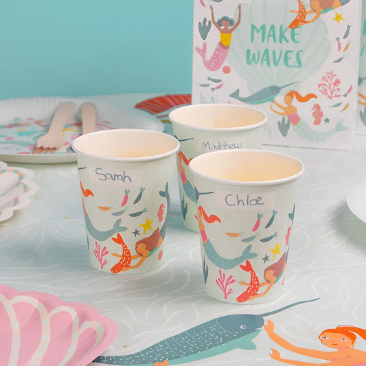 Gorgeous multi-coloured Mermaid themed paper party cups featuring mermaids, fish, coral, & starfish. Fully sustainable