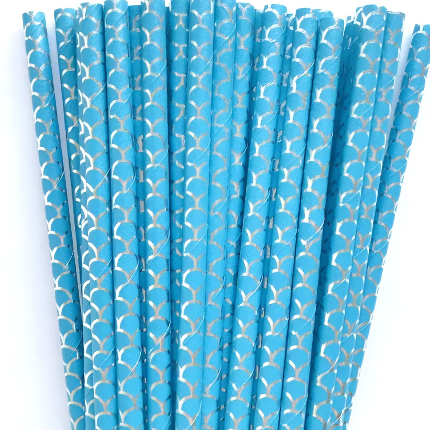 Mermaid pattern paper straws in blue and silver. 25 pack