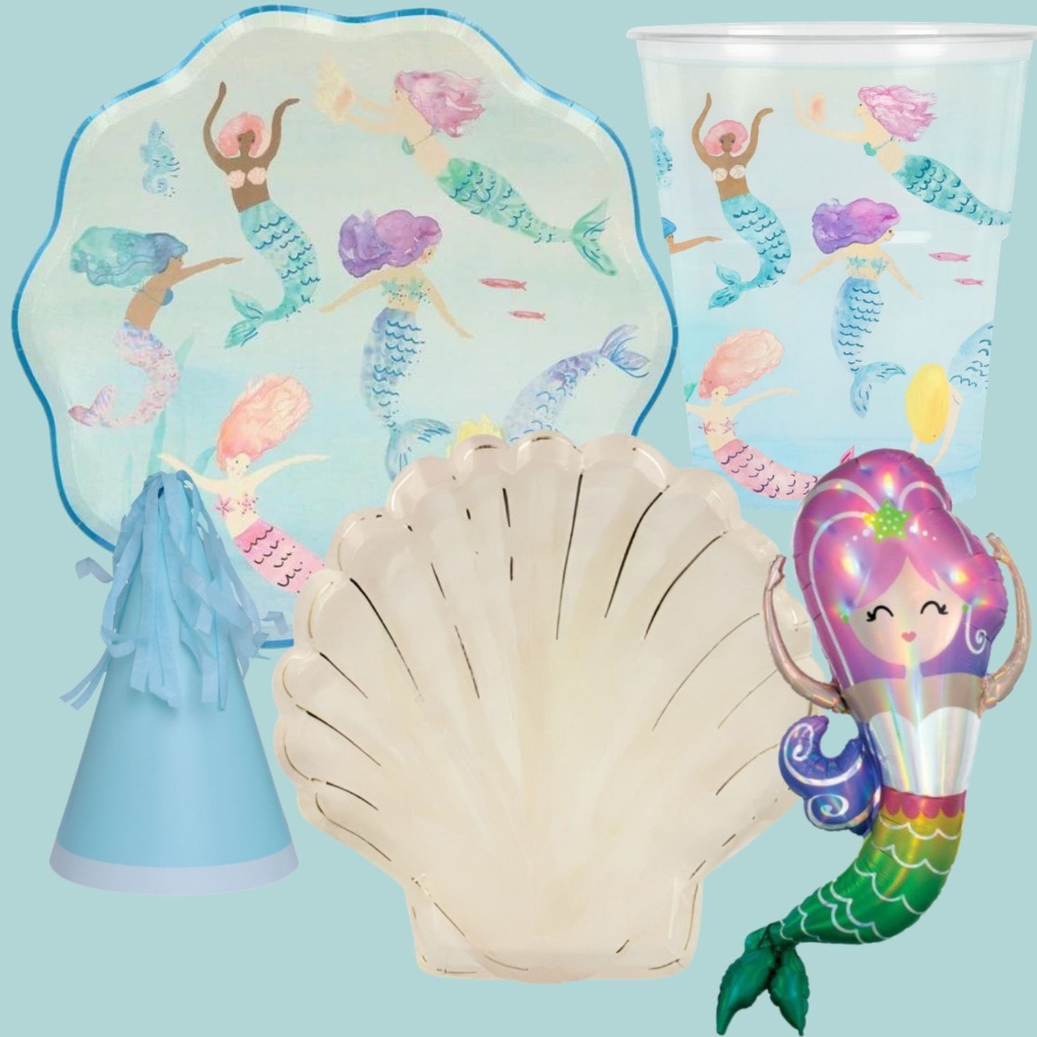 Mermaid Party Pack including Mermaid scalloped plates, cups, clam shell shaped dessert plates, Mermaid balloon and blue party hats