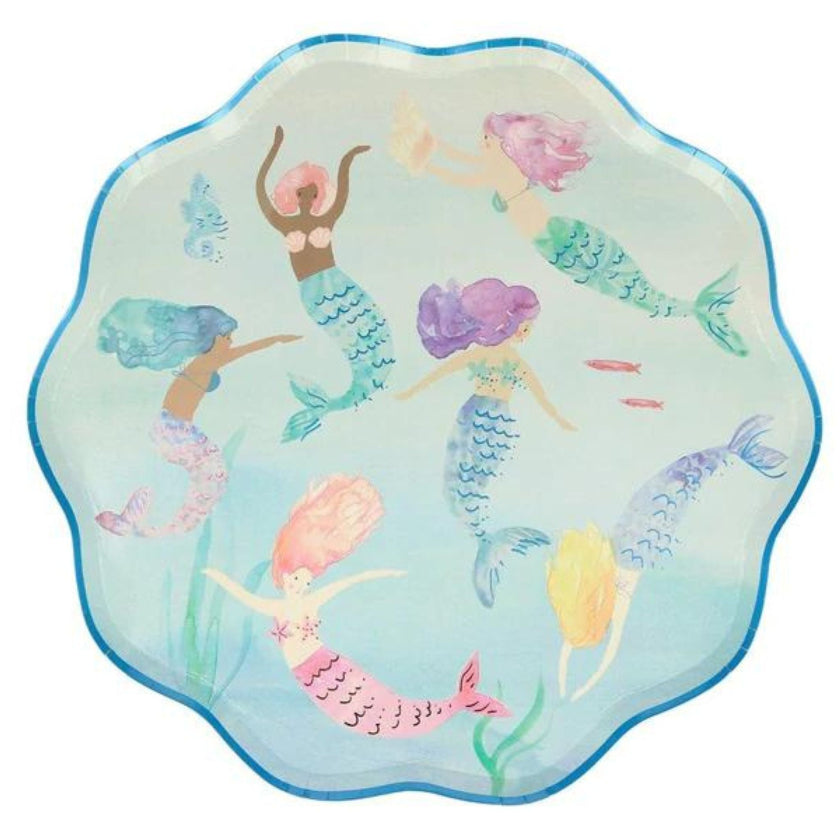 Blue scalloped mermaid paper plate with mermaids,fish and coral