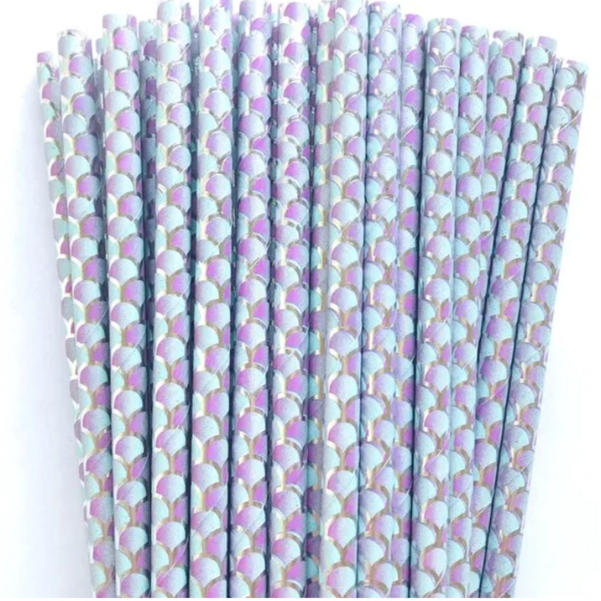Iridescent mermaid paper straws in mints and lilacs.