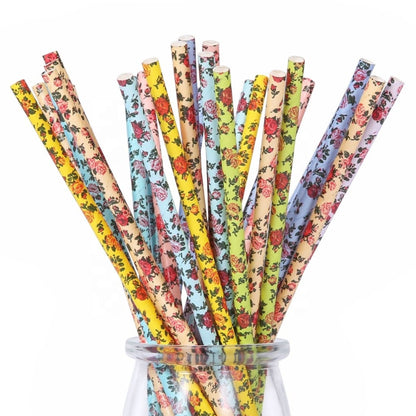 Beautiful vintage style paper straws in vibrant floral rose design in 5 different colours