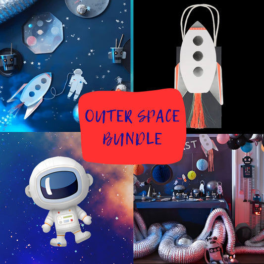 Fantastic party bundle with astronaut balloon, star print balloons, rocket shaped plates & party bags, star shaped balloons, lanterns, napkins & cups